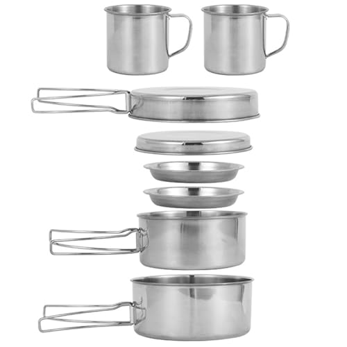 CurcKua Camping Cooking Set for 3-4 People, Stainless Steel Camping Pots and Pans Set, Stackable Lightweight Camp Cooking for Outdoor Backpacking Hiking Picnic Stainless Steel Cookware