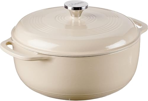 Lodge 4.5 Quart Enameled Cast Iron Dutch Oven with Lid – Dual Handles – Oven Safe up to 500° F or on Stovetop - Use to Marinate, Cook, Bake, Refrigerate and Serve – Sandalwood