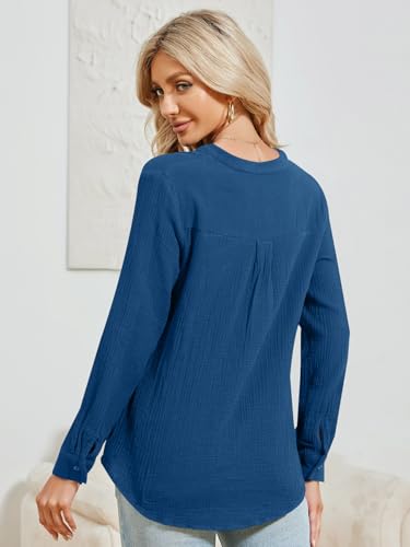 Womens 100% Cotton Tunic Long Sleeve V Neck Gauze Shirt Casual Work Lounge Blouse Tops4