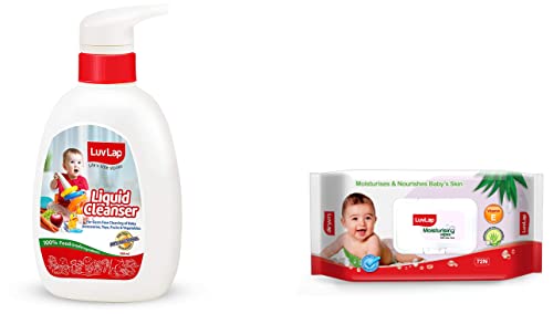 Image of LuvLap Paraben Free Baby Wipes with Aloe Vera, with Fliptop Lid (72 Wipes /Pack) & LuvLap Liquid Cleanser, Anti-Bacterial, Food Grade, For Baby Bottles, Accessories and Vegetables, 500ml