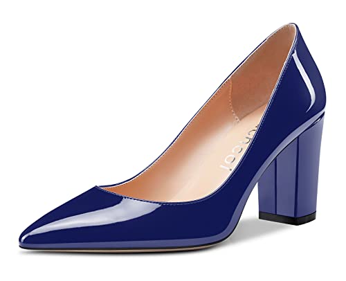 Image of Aachcol Women Pumps Pointed Toe Slip on Mid Heel Dress Office Chunky Block Heels Shoes 3 Inches