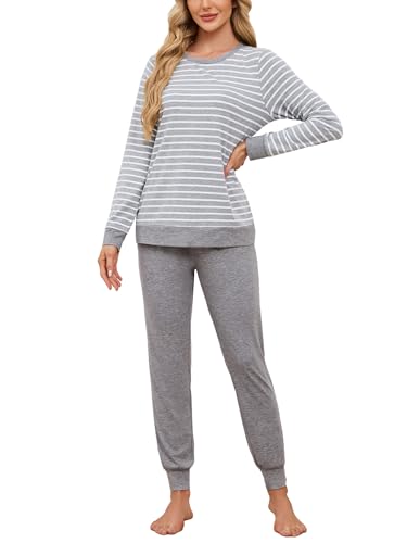 Breampot Schlafanzug Damen Lang Pyjamas Baumwolle Rundhals Nachtwäsche Set Winter Freizeitanzug Schlafanzüge mit Bündchen (Grau, Medium)