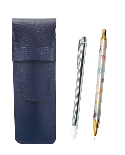 シボ革ペンケース青 金属製指示棒と花柄シャープペンセット SASL-701S-HS380S