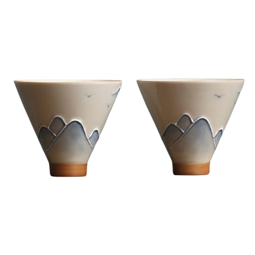 Taolivingmart Hand-Painted Tea Cup,Ceramics, Ceramic Tea Cup with Underglaze Coloring, Kungfu Tea Cup Set of 2,Engraved Cup with Mountain Range,Cup with Plant Ash,Tea Cup