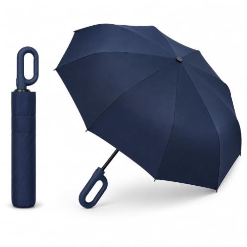 Guarda-Chuva Automático com Gancho Integrado | Abre e Fecha Automático | 10 Varetas Reforçadas | Resistente ao Vento | Proteção UV Blackout | Compacto para Bolsa e Mochila (Azul Marinho)