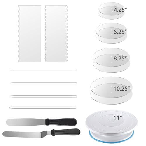 Boyun Acrylic Cake Disc Set - Revolving Cake Turntable with 4 Tier Acrylic Discs (4.25' + 6.25' + 8.25' + 10.25') - Includes Icing Scraper and Spatula