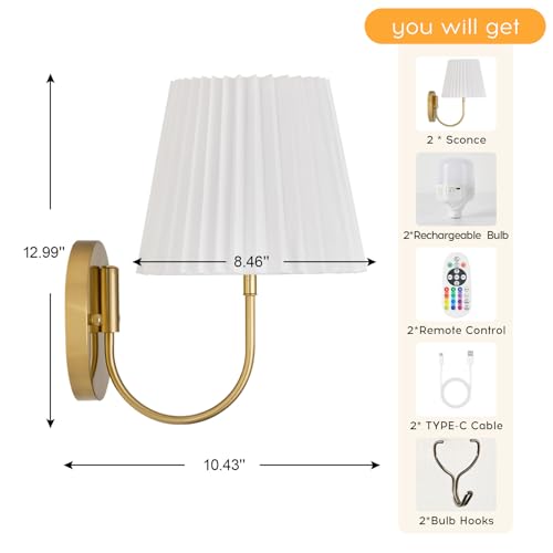 Image of PASSICA DECOR Battery Operated Wall Sconces Set of 2 Premium Fabric Pleated Shade, Rechargeable LED Lights with 15 Colors, Remote Control, Timer for Bedroom, Living Room, Kids' Room