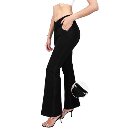Women's High Waisted Flared Stretch Jeans Unique Crossed Waist Design with Pockets