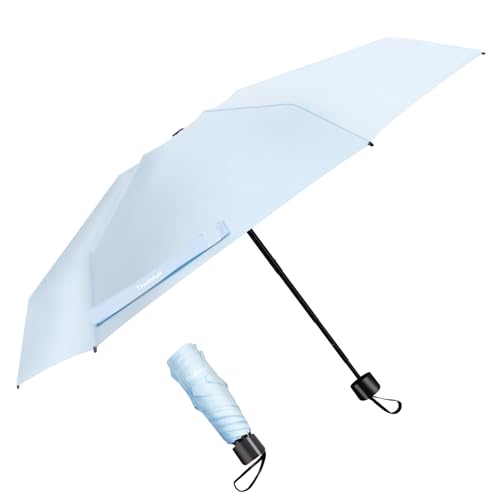 Image of TradMall Mini Travel Umbrella, 6 Ribs Portable Lightweight Compact Parasol with 95% UV Protection for Sun & Rain, Sky Blue