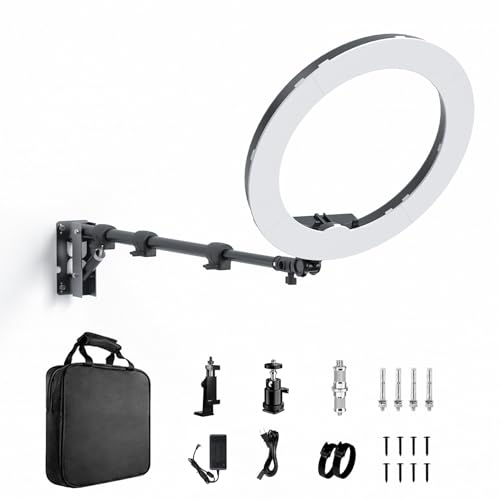 Image of 18 Inch Ring Light with Wall Mount Stand, Bi-Color LCD Display 55W 3000-5800K CRI≥97 Light Ring for Video Recording /Photography /Beauty Shop /Tattoo /Barber