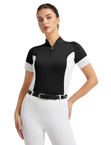 FitsT4 Sports Womens Short Sleeve Equestrian Shirts UPF50+ Horse Riding Shirts Breathable Rider Tops Half Zip Black S