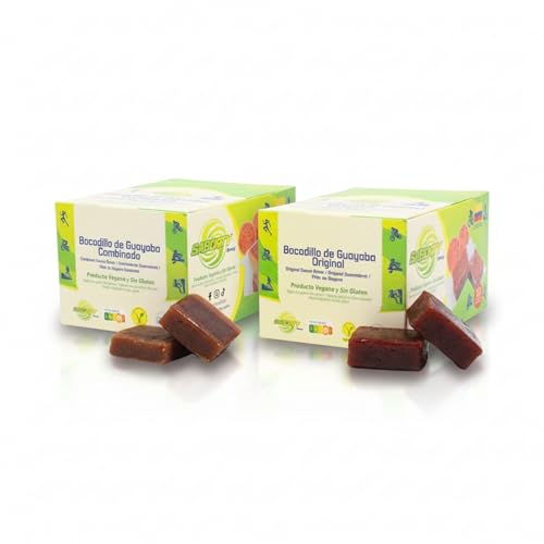 Saborty Bocadillo de Guayaba (Total 64 Unidades) - Pack 2 Cajas Original y Combinado - Barrita Energética Vegana y Sin Gluten (2 Cajas 32 Unidades, Original + Combinado)