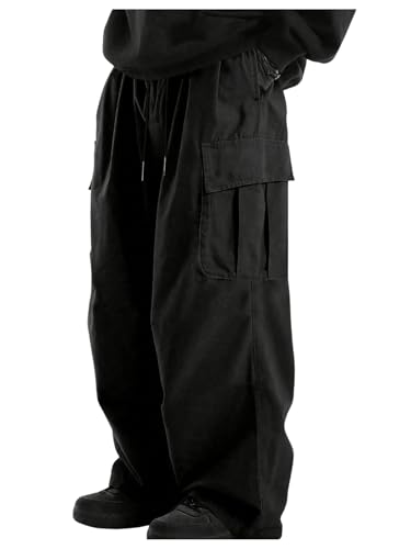 OYOANGLE Men's Drawstring Elastic Waist Pockets Cargo Pants Wide Leg Loose Casual Trousers Streetwear