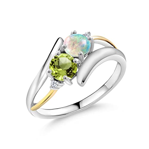 Gem Stone King 925 Sterling Silver and 10K Yellow Gold Round Cabochon White Simulated Opal Green Peridot and Lab Grown Diamond 2 Stone Crossover Ring For Women (1.07 Cttw, Available 5,6,7,8,9)