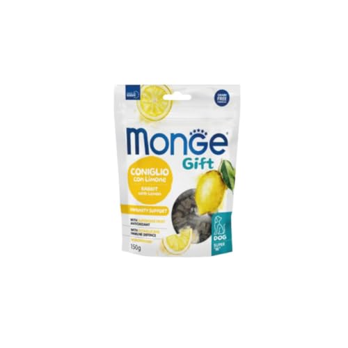 Monge Snack Cane Gift, snack per cani di tutte le taglie, gusto Coniglio con Limone, senza cereali,favorisce il sostegno immunitario | | 3 confezioni da 150 grammi l’una.