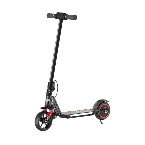 aigo E3 Kids Electric Scooter - Front Suspension Max 3-5 Miles Long Range Powerful 130W Motor Multi-Color RGB Light Deck and Rainbow Headlight 154lbs Weight Safety Tested to UL 2272 (Black)
