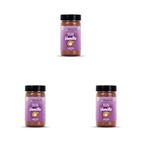 Image of Bevzilla 75g Vanilla Flavored Coffee Powder Jar | Premium Arabica Coffee | Ideal for Espresso, Latte & Cappuccino | Hot & Cold Coffee Brews (Pack of 3)