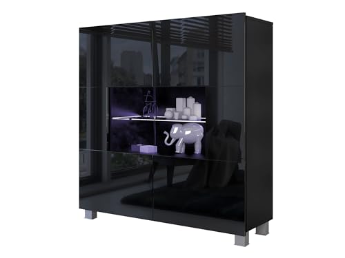 Mirjan24 Kommode Calabrini BR01 mit 2 Türen, Sideboard, Anrichte, 100x107x35 cm, Highboard, Mehrzweckschrank, Wohnzimmer (Schwarz/Schwarz Hochglanz, mit Blauer LED Beleuchtung)