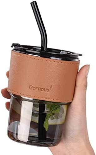 Image of Stylish Glass Tumbler with Lid and Glass Straw 400ML Coffee Tea Milk Mug with Leather Sleeve for Home Office and Traveling (Black)
