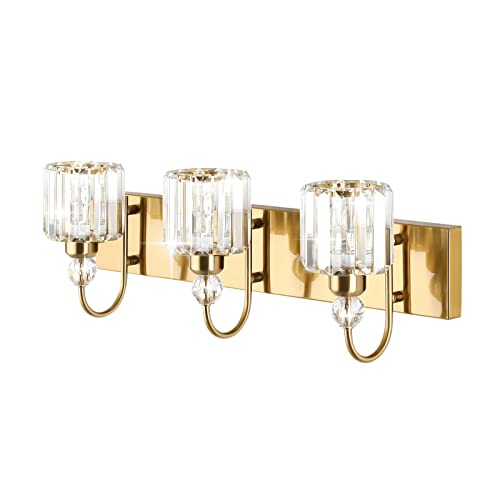 Image of Ralbay Brass Gold Bathroom Vanity Lights 3-Lights Brass Gold Crystal Vanity Lights Over Mirror Modern Crystal Brass Gold Bathroom Vanity Lighting Fixtures