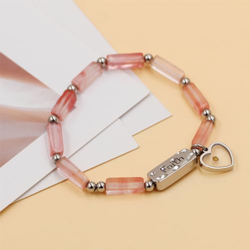 Image of Elastic Faith Bracelet for Women, Adjustable 7 inch Natural Stone Bracelet with Heart Mustard Seed Charm, Spiritual Christian Jewelry for Baptism, Graduation, Religious Celebration YA4856