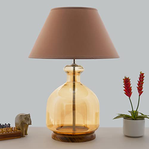 Image of Alper Mini Amber Luster Glass Table Lamp with Beige Cotton Shade | Modern Designer Bedside & Living Room Decorative Table Light (Bulb Included)