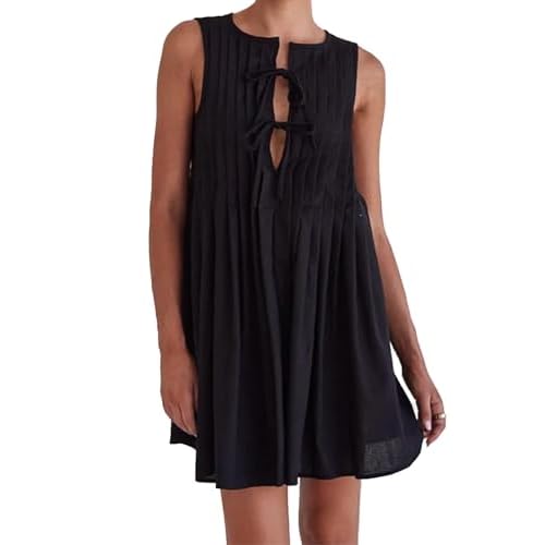 Womens Summer Sleeveless Pleated Dress Tie Front Loose Casual Short Sun Dresses Black Medium