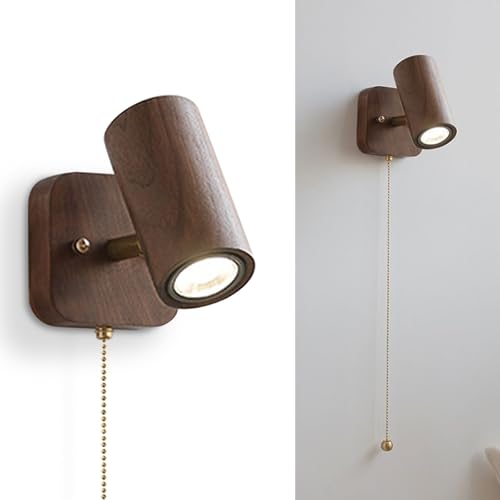 Lámpara de pared de noche de madera con interruptor de tirón y aplique ajustable para lectura