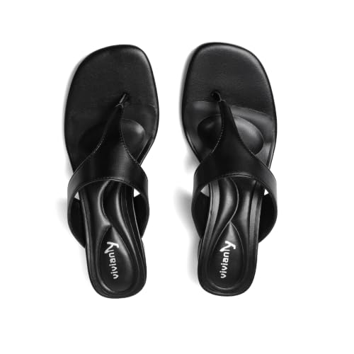 Image of vivianly Women's Suede Low Chunky Block Heel Flip Flops Square Toe Thong Heeled Sandals Casual Slip On Mules for Work Beach Casual Outings