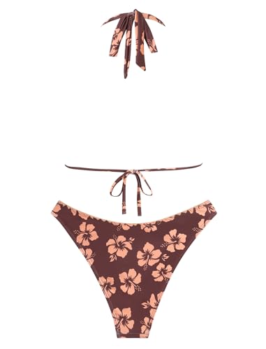 Image of ZAFUL Women Halter Dual Straps Whip Stitch Floral Triangle Bikini Swimsuits
