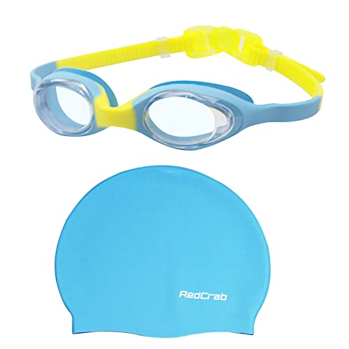 RedCrab Gafas de Natación Niño,Gorro de Natación Niño Conjunto Resistente al Agua Protección UV Antivaho,Silica Gel Gafas de Natación y Gorro de Natación Adecuado para Niños de 3 a 14 Años