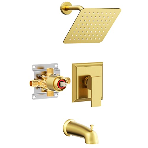 Shower Faucet Set With Tub Spout - Suncleanse Shower System (Valve Included) With 8-Inch Rain Shower Head And Bathtub Faucet - Brushed Gold Shower Tub Kit For Bathroom #TOP8