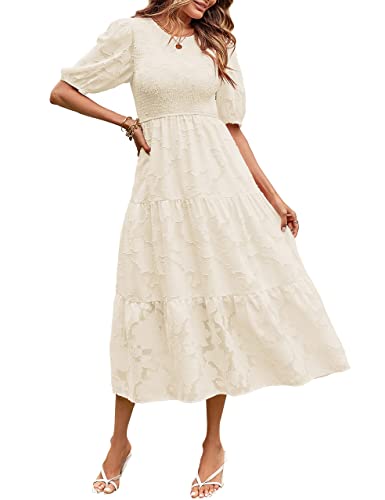 MEROKEETY Women's 2025 Summer Puff Sleeve Smocked Floral Dress Crewneck Lace Flowy Tiered Midi Dresses