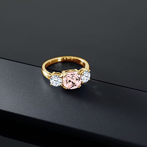 Gem Stone King 18K Yellow Gold Plated Silver Peach Nano Morganite 3 Stone Engagement Ring For Women (3.50 Cttw, Cushion 8MM, Available in Size 5,6,7,8,9)3