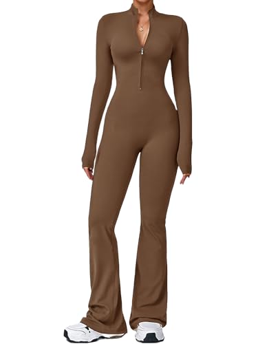 Catálogo de Monos para Mujer que puedes comprar esta semana. 42 ECUPPER Mono de Mujer con Mangas Largas, Abertura en la Parte Inferior, Cremallera, Enterizo, Bodysuit Completo, Unitardo de Yoga, Piernas Amplias y Sexy Café M