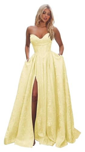 Soruucny Sparkly Strapless Sequin Prom Dresses for Teens with Slit Maxi Satin Corset Ball Gown...
