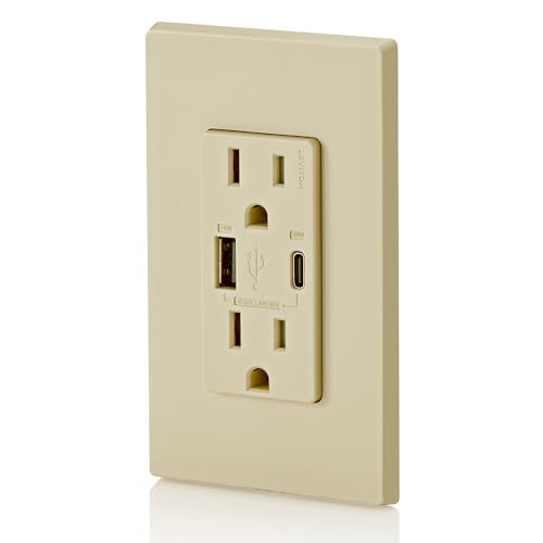 Image of Leviton T5634-I 60W (20V@2.5A+ 5V@2A) USB Dual Type A /Type-C Power Delivery in-Wall Charger with 15A Tamper-Resistant Outlet, USB Charger for Smartphones, Tablets, Laptops, Ivory