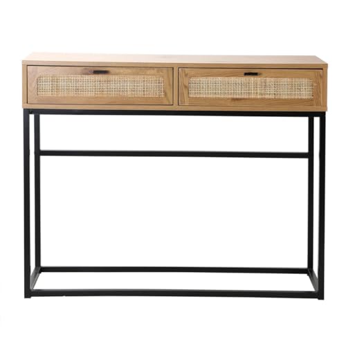 Calicosy Konsole mit 2 Schubladen – natürliches Rattangeflecht – Holzoptik Eiche blond – Spanplatten – Struktur aus schwarzem Metall – Eingang, Flur, Wohnzimmer – Industriestil – L 100 x T 35 x H 80