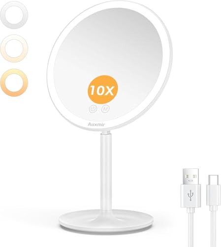 Auxmir Makeup Mirror with Light, Cosmetic Mirror with 10X Magnification, 90° Rotation Illuminated LED Table Mirror, 3 Light Colors & Dimmable Brightness, Rechargeable Vanity Mirror on Stand