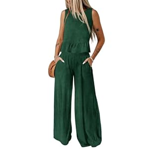 Dokotoo Pants Sets Women 2 Piece Outfits Sleeveless Round Neck Tank Tops Matching Sets for Women Elastic Waist Wide Leg
