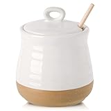 HASENSE Ceramic Honey Pot with Lid and Dipper Stick, 12 Ounce HoneyJar Dish for Home Kitchen, Farmhouse Honey Container for Christmas Gift, Dishwasher Safe, White
