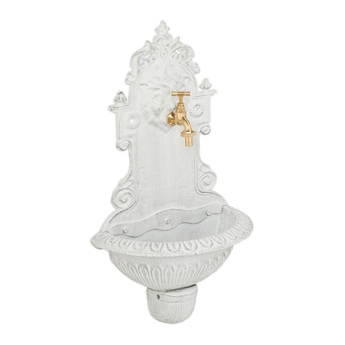 Relaxdays Wandbrunnen, Wasserspeier, Waschbecken & Wasserhahn, Gartenbrunnen HBT 61 x 35 x 18 cm, Gusseisen, weiß