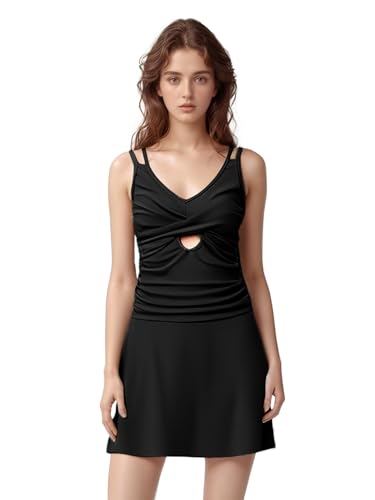 Image of IFFEI Mommy and Me Swimsuits V Neck Cutout Two Piece Swim Dress Tummy Control Tankini Bathing Suit Swimwear with Bottom