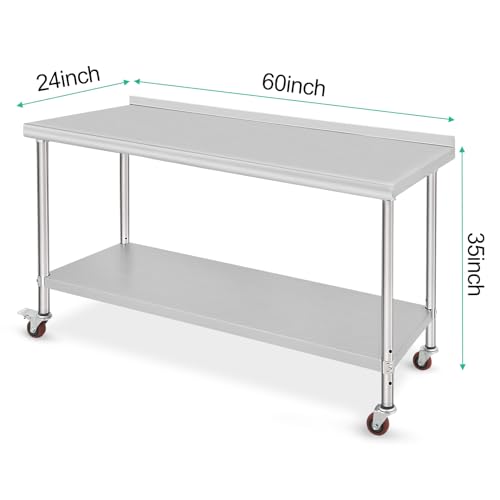Image of 60x24x35inch Double Layer Stainless Steel Work Table with Caster Wheels & Backsplash