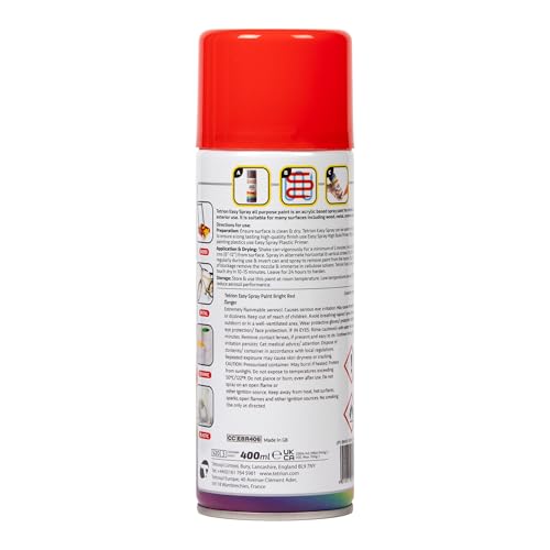 Image of Tetrion Easy Spray Paint - Bright Red 400ml - Acrylic Spray for Wood, Metal, Plastic, Ceramic & More - Smooth, Vibrant Finish, Long Lasting - Indoor & Outdoor Use, 13.5 Oz