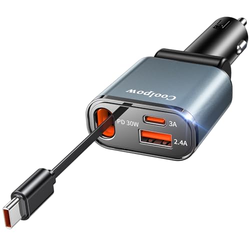 3 EN 1Retráctil Cargador Coche Carga Rápida【2025 Ultra-Compacto】 Cargador Mechero Coche USB C Car Charger Adaptador Móvil Coche con Cables Retráctiles y Puerto USB-C/USB-A para iPhone Samsung iPad