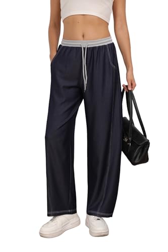 Women's Lightweight Barrel Jeans High Waist Drawstring Pull On Casual Baggy Denim Pants with Pocketss