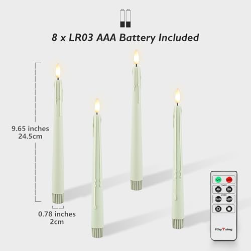 Image of Rhytsing 9.6 inches Sage Green Flameless Taper Candle with Remote, Battery Operated LED Dinner Candles with Timer for Spring and Summer, Wax Dripping Design, 8 Batteries Included - Set of 4