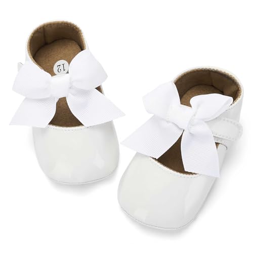 Infant Baby Girls Mary Jane Flats Bowknot Wedding Shoes Soft Sole Lightweight Newborn Sneakers First Walker Non-Slip Crib Shoes for 0-6-12-18 Months Princess Dress Shoes for 0-1-1.5 yrs Old