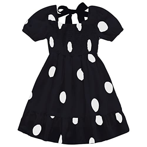 Moonker Girls' Clothes Big Children's Dress Short Sleeved Square Neck Dress Polka Dot Dress Summer Dress Girls